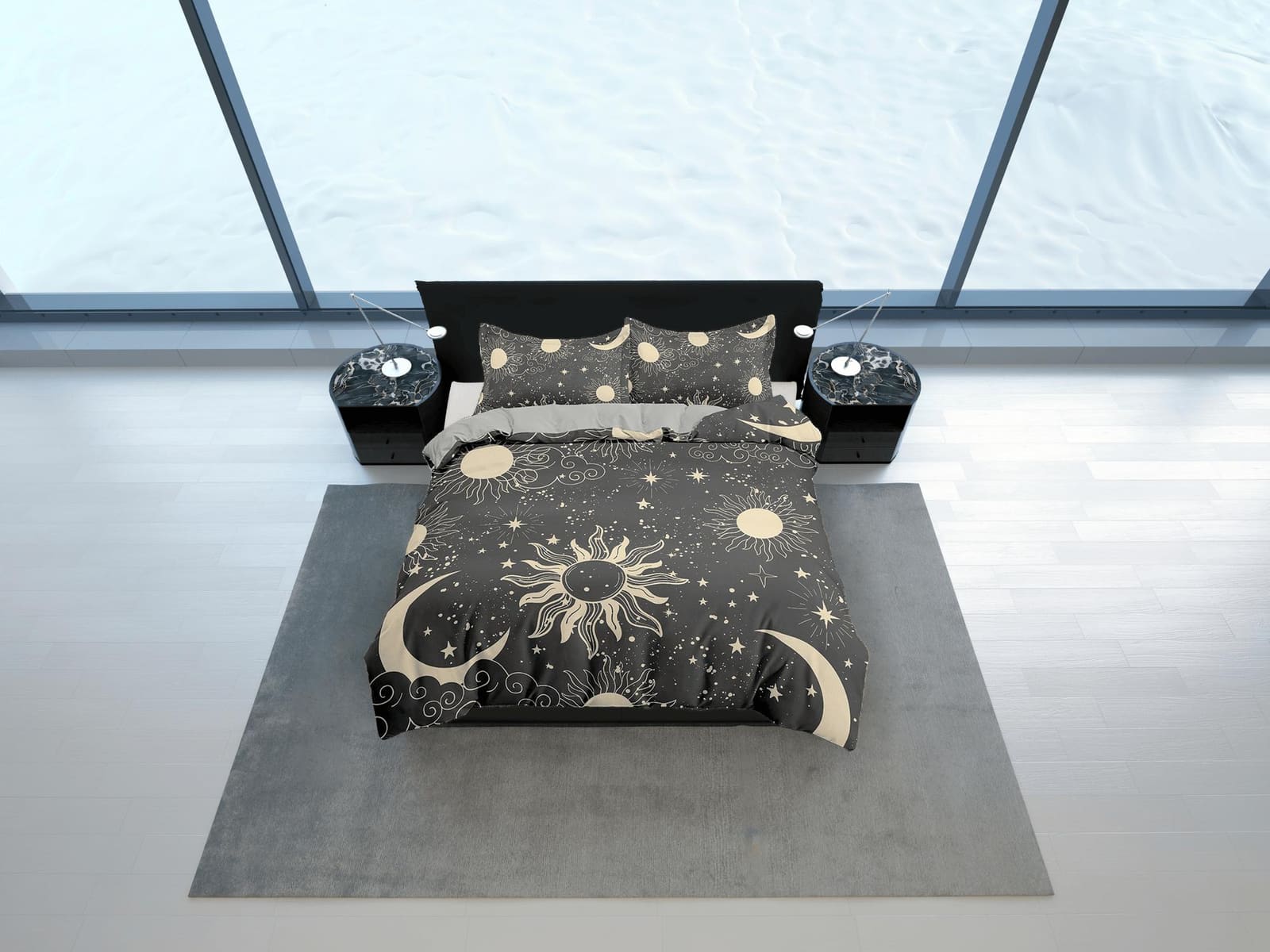Celestial bedding black grey, witchy decor dorm bedding, aesthetic duvet, boho bedding set full king queen, astrology gift…