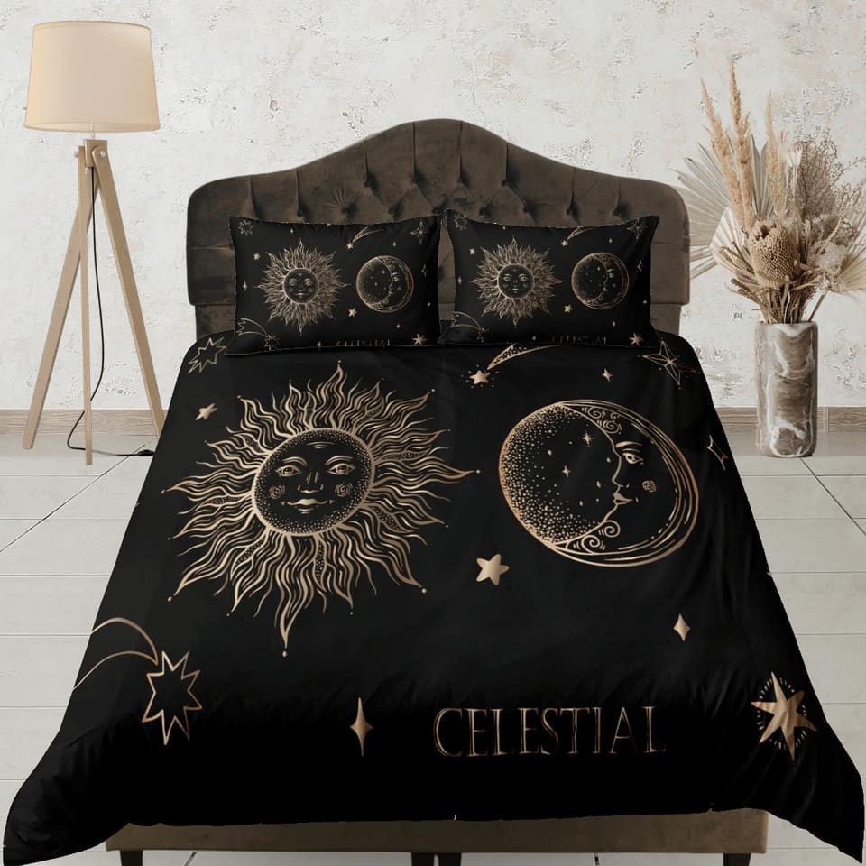 Celestial bedding black, sun and moon witchy decor dorm bedding, aesthetic duvet boho bedding set full king queen, astrolo…