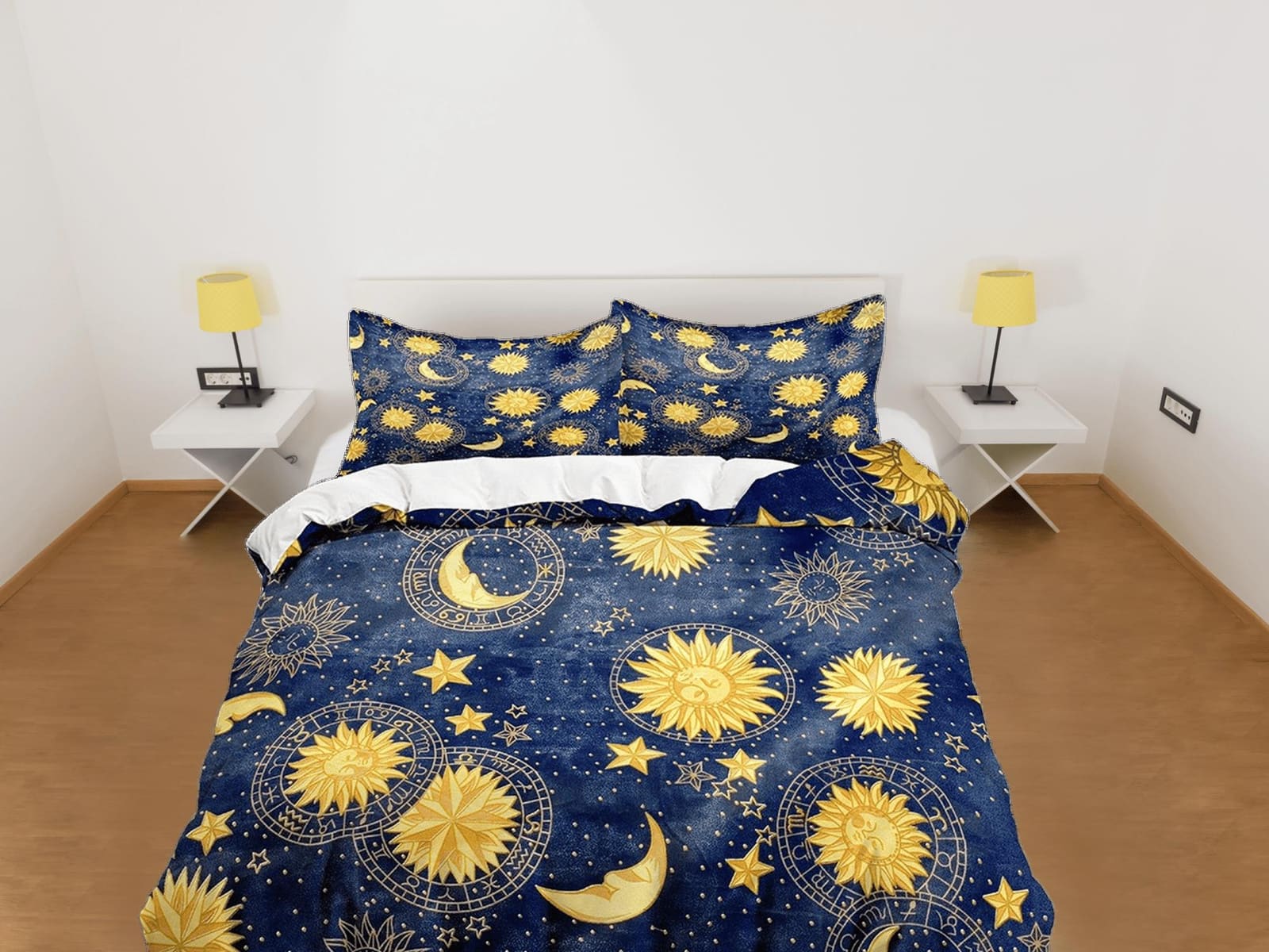 Celestial bedding blue sky sun and moon, witchy decor dorm bedding, aesthetic duvet cover, boho bedding set full king quee…