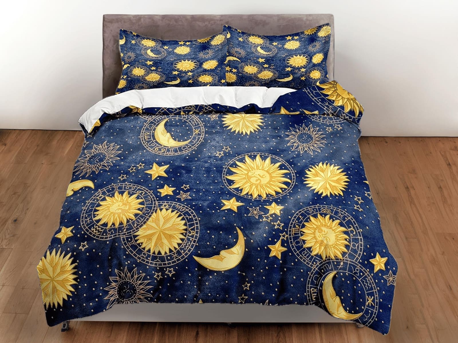 Celestial bedding blue sky sun and moon, witchy decor dorm bedding, aesthetic duvet cover, boho bedding set full king quee…