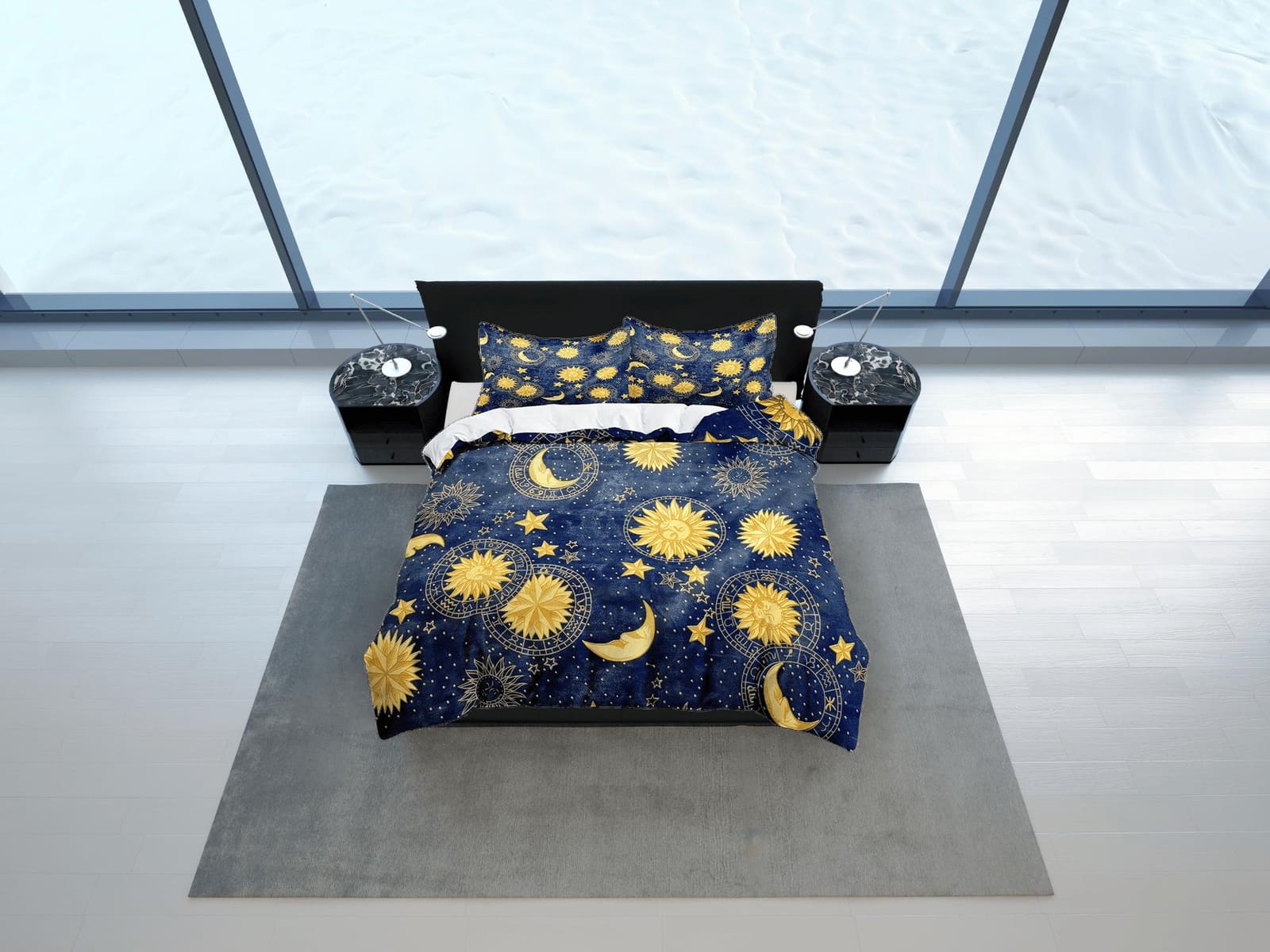 Celestial bedding blue sky sun and moon, witchy decor dorm bedding, aesthetic duvet cover, boho bedding set full king quee…
