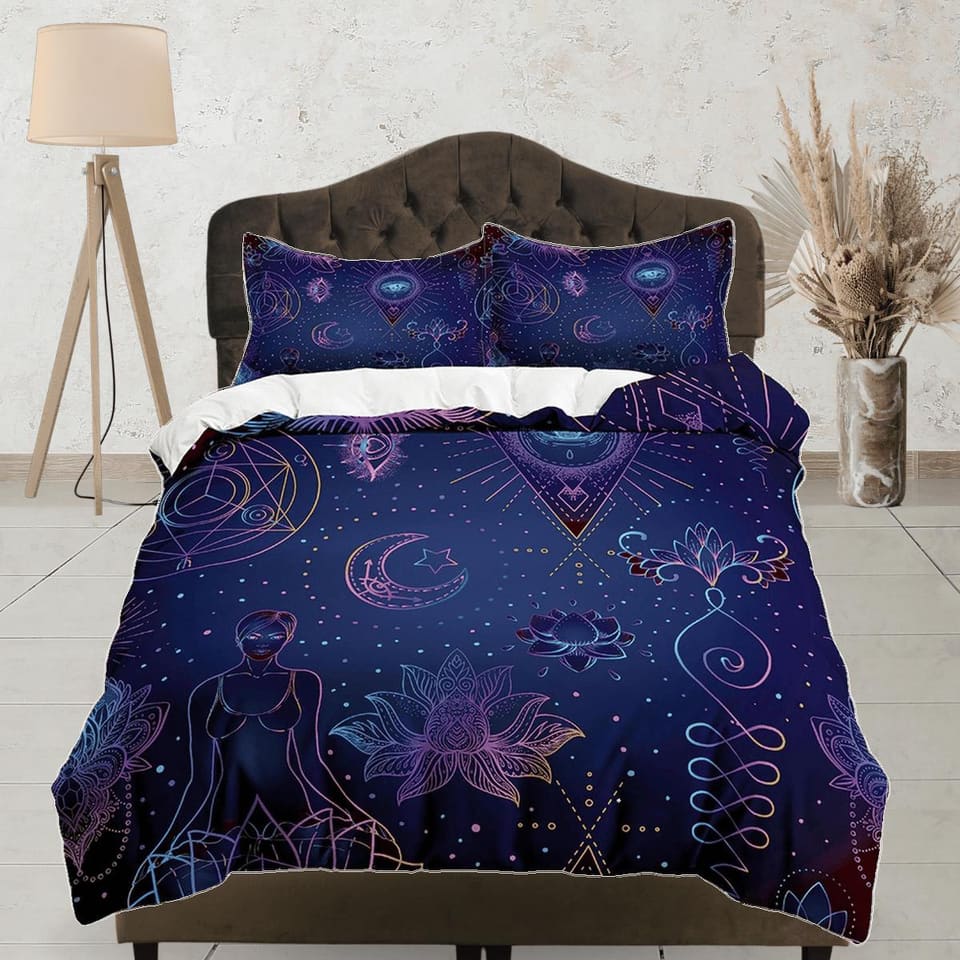 Celestial bedding blue, zen chic, witchy decor, dorm bedding, aesthetic duvet, boho bedding set full king queen, astrology…