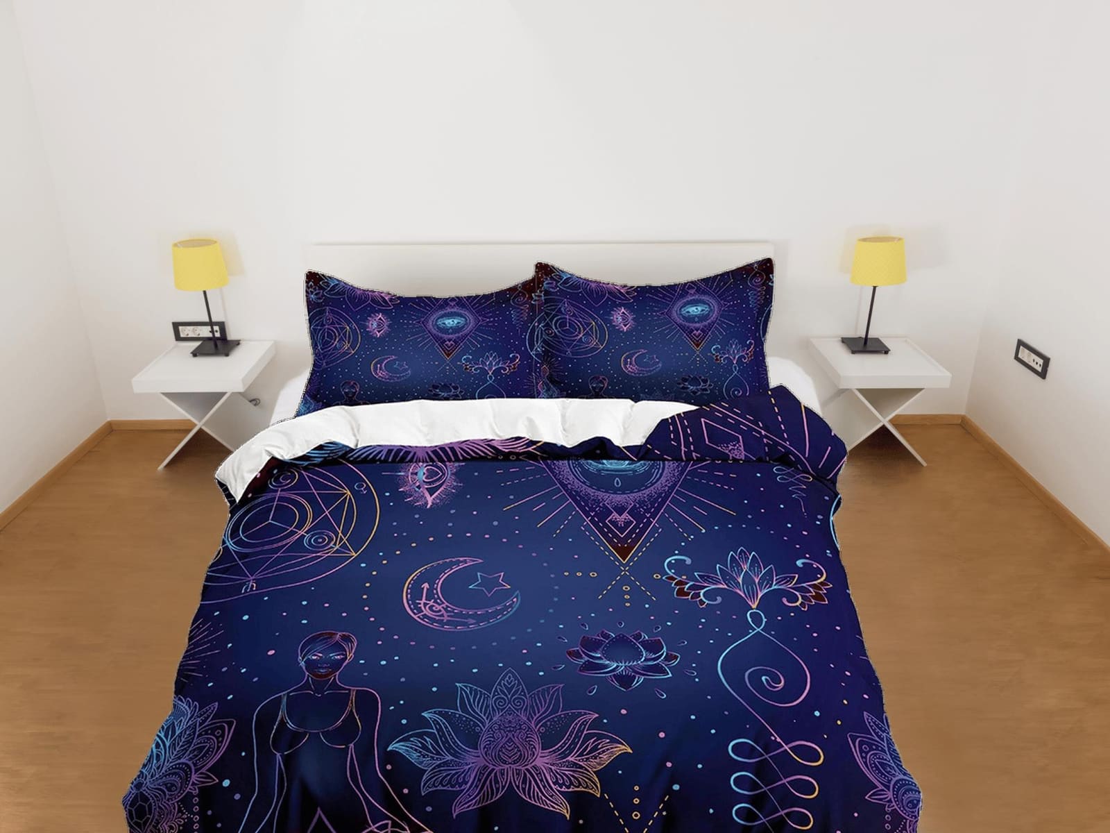 Celestial bedding blue, zen chic, witchy decor, dorm bedding, aesthetic duvet, boho bedding set full king queen, astrology…