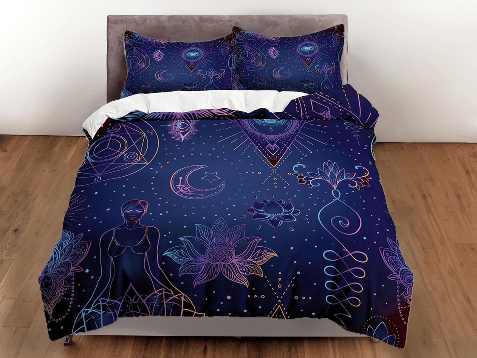 Celestial bedding blue, zen chic, witchy decor, dorm bedding, aesthetic duvet, boho bedding set full king queen, astrology…