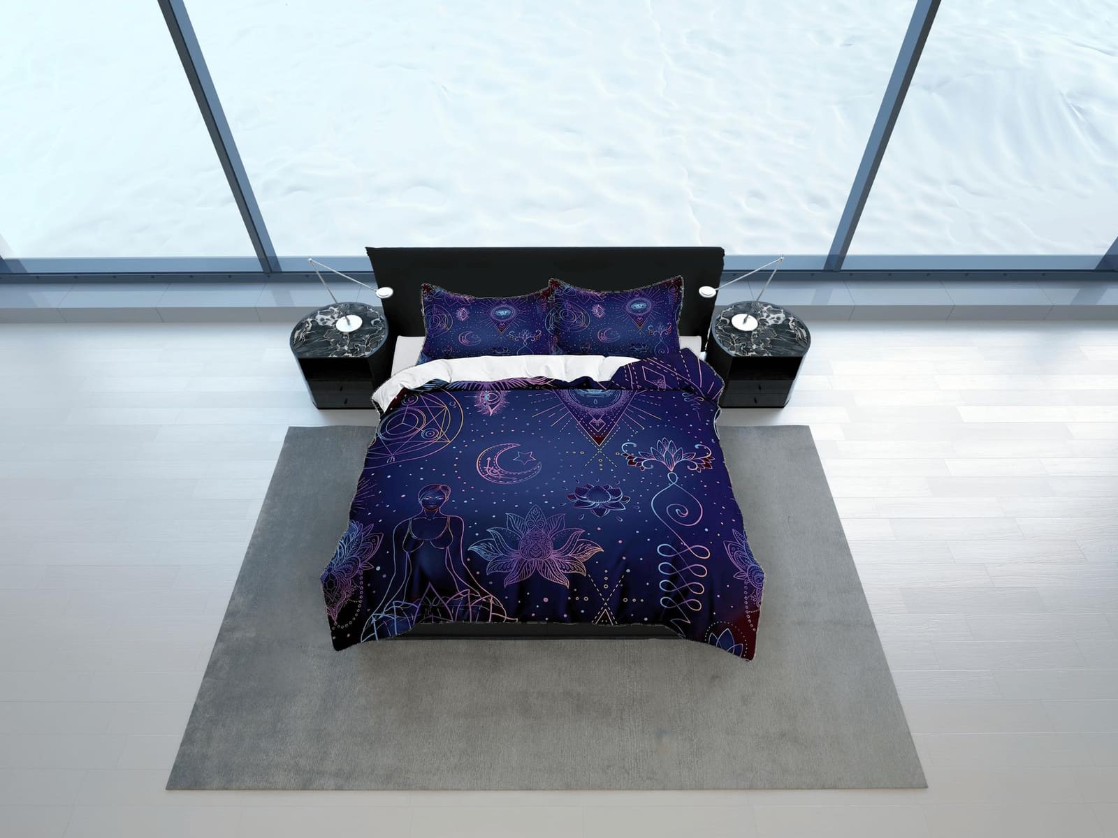 Celestial bedding blue, zen chic, witchy decor, dorm bedding, aesthetic duvet, boho bedding set full king queen, astrology…