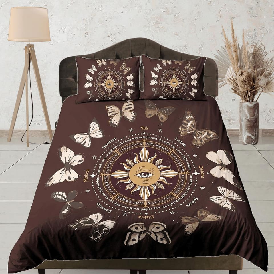 Celestial bedding brown, witchy decor dorm bedding, aesthetic duvet cover set, boho bedding set full king queen, astrology…