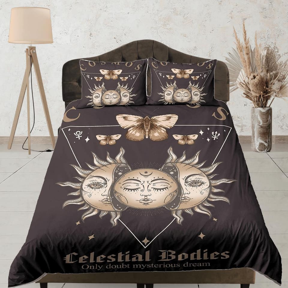 Celestial bedding full moon, mystical sun, witchy dorm bedding, aesthetic duvet, boho bedding set full king queen, astrolo…