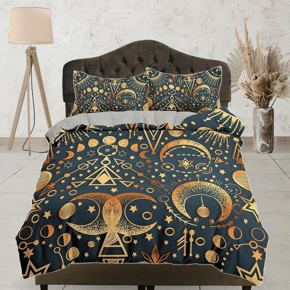 Celestial bedding gold alchemist, witchy decor dorm bedding, aesthetic duvet, boho bedding set full king queen, astrology…