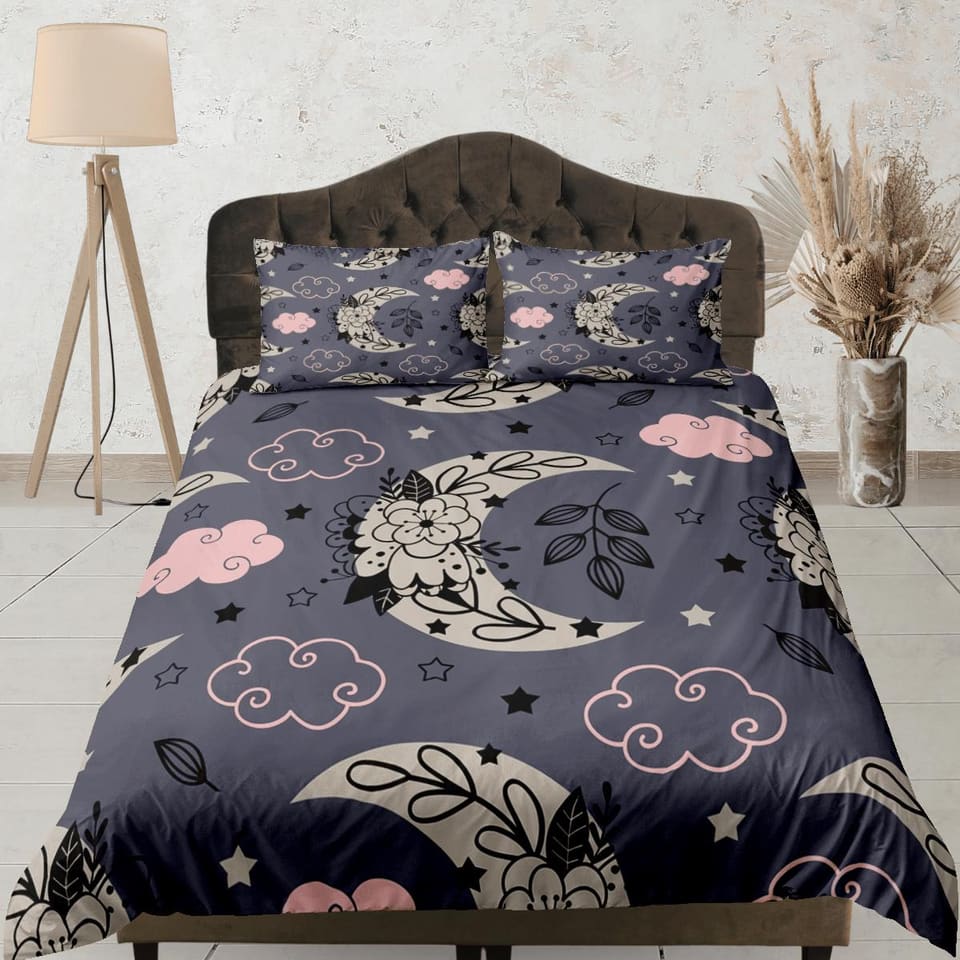Celestial bedding purple grey, witchy decor dorm bedding, aesthetic duvet, boho bedding set full king queen, astrology gif…