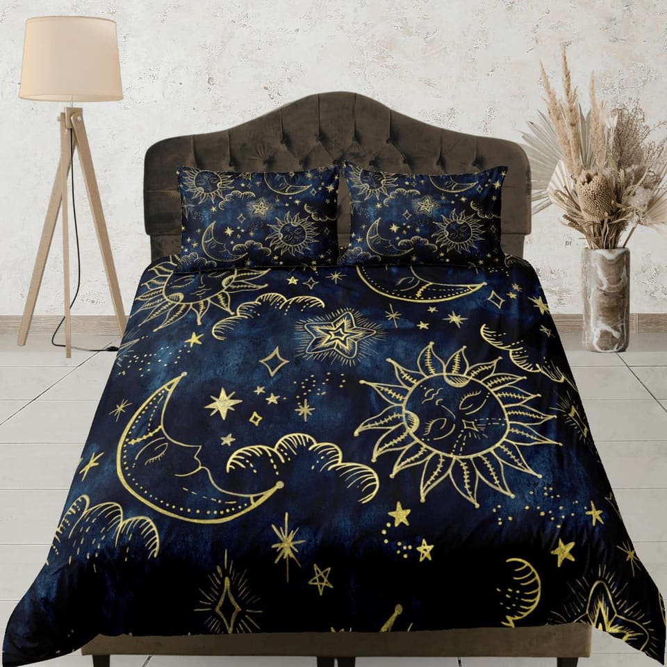 Celestial bedding sun and moon, witchy decor dorm bedding, aesthetic duvet, boho bedding set full king queen, astrology gi…