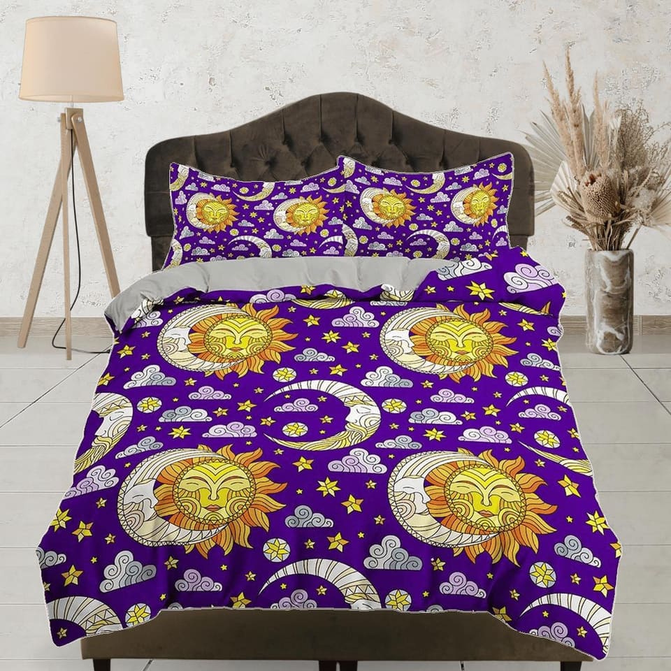 Celestial bedding sun and moon, witchy decor dorm bedding, purple aesthetic duvet cover set, boho bedding set full king qu…