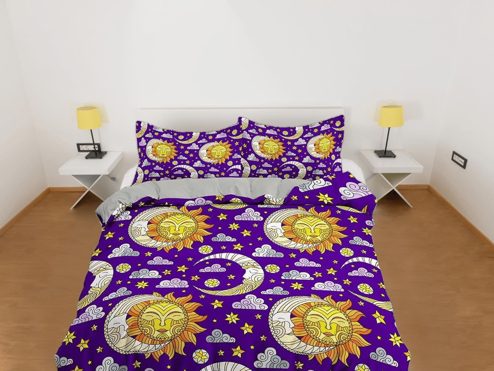 Celestial bedding sun and moon, witchy decor dorm bedding, purple aesthetic duvet cover set, boho bedding set full king qu…