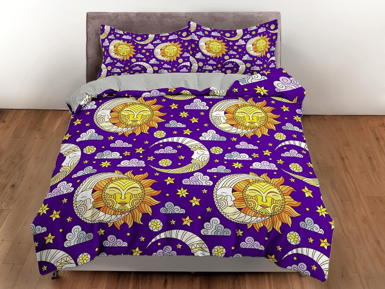 Celestial bedding sun and moon, witchy decor dorm bedding, purple aesthetic duvet cover set, boho bedding set full king qu…