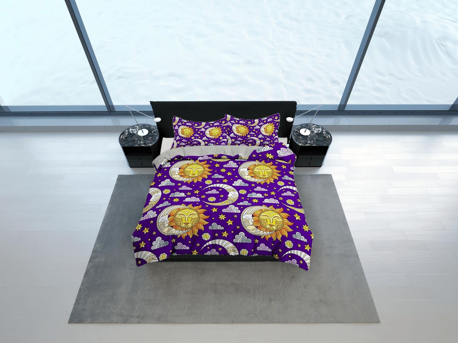Celestial bedding sun and moon, witchy decor dorm bedding, purple aesthetic duvet cover set, boho bedding set full king qu…