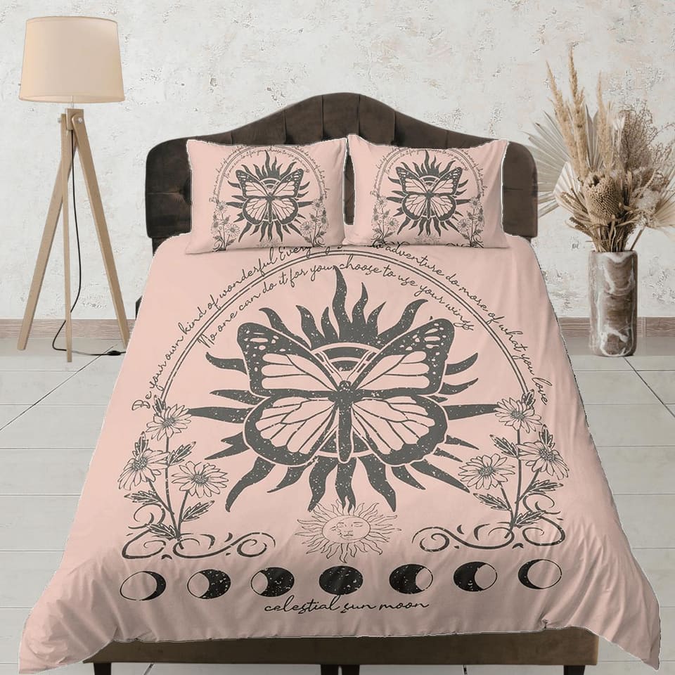 Celestial bedding, witchy decor dorm bedding, monarch butterfly aesthetic duvet, boho bedding set full king queen, astrolo…