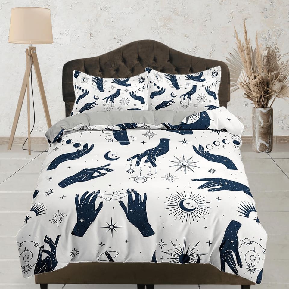 Celestial bedding woman hands sun stars witchy decor dorm bedding, aesthetic duvet, boho bedding set full king queen, astr…