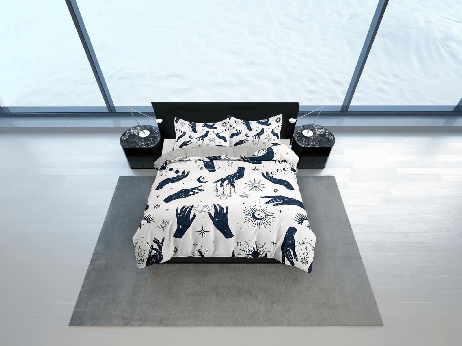 Celestial bedding woman hands sun stars witchy decor dorm bedding, aesthetic duvet, boho bedding set full king queen, astr…