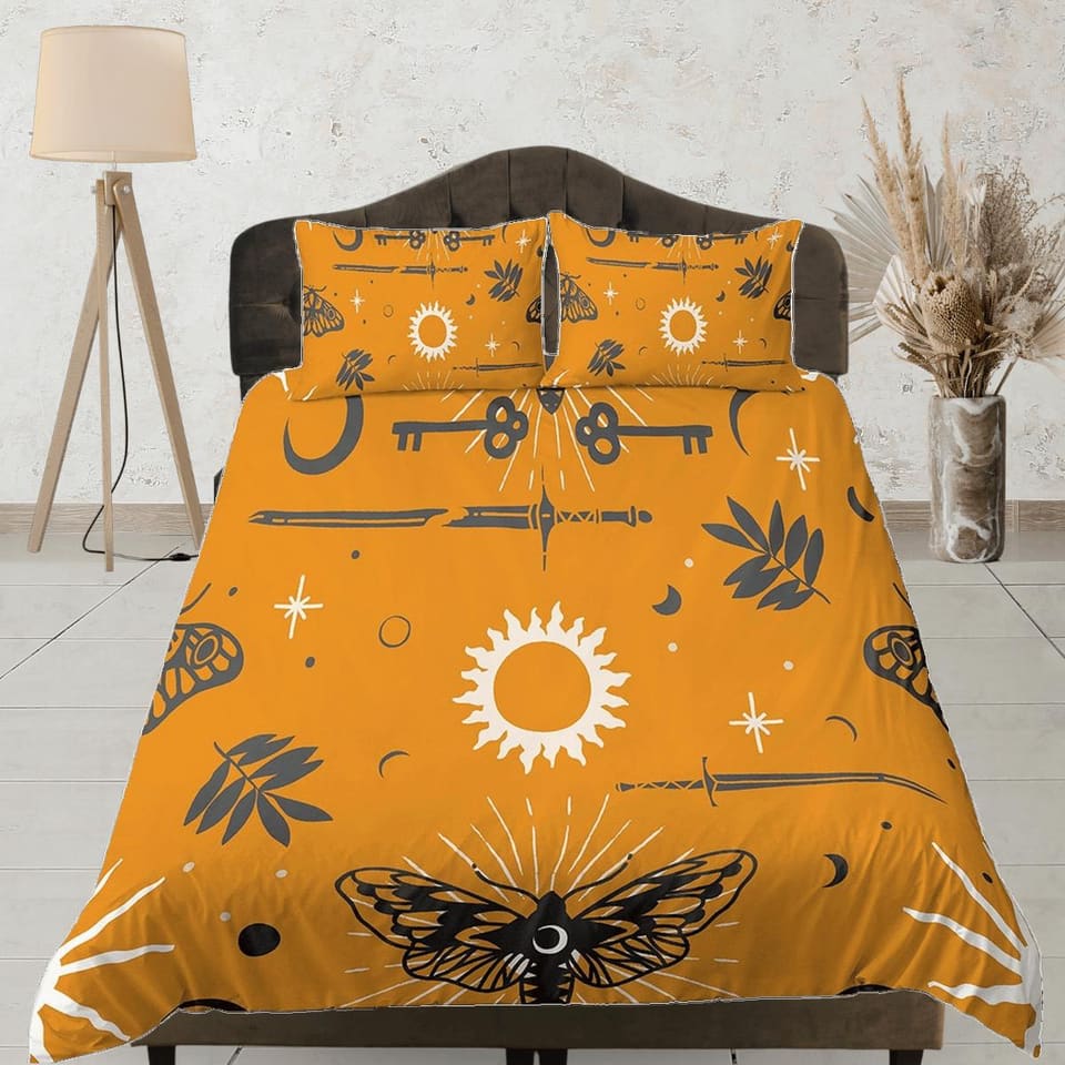 Celestial bedding yellow, witchy decor dorm bedding, aesthetic duvet cover set, boho bedding set full king queen, astrolog…