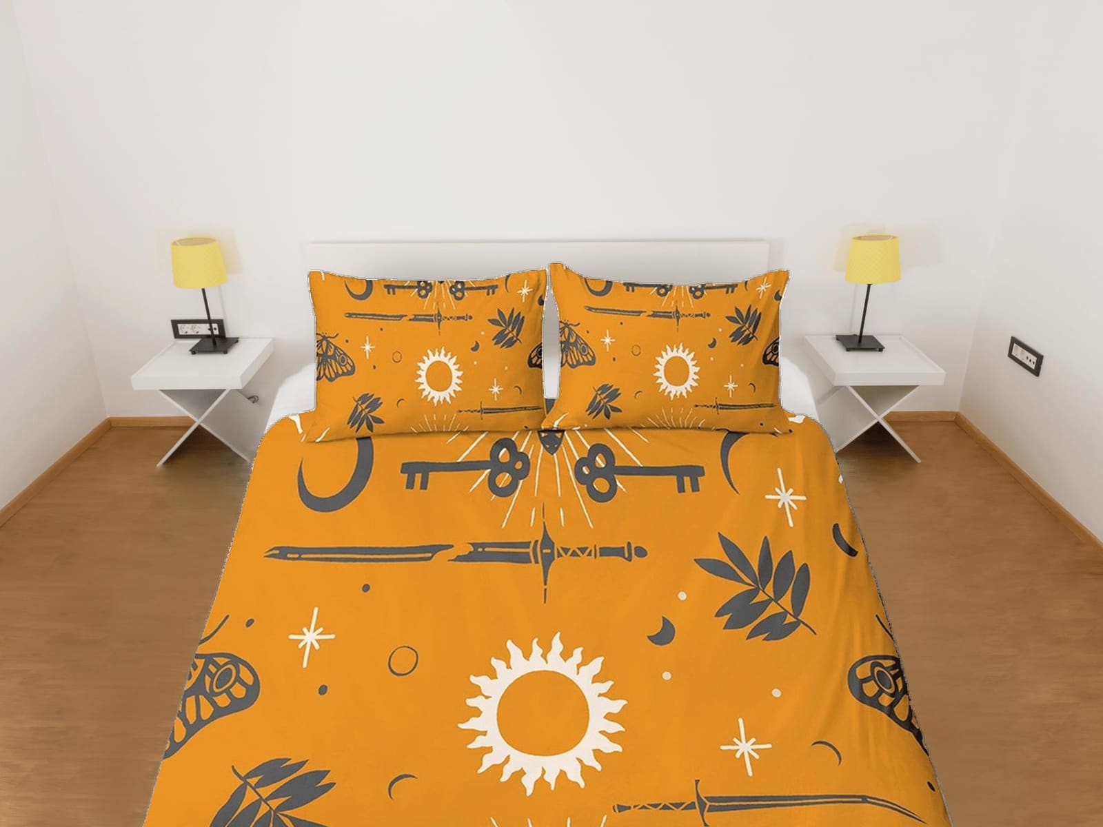 Celestial bedding yellow, witchy decor dorm bedding, aesthetic duvet cover set, boho bedding set full king queen, astrolog…