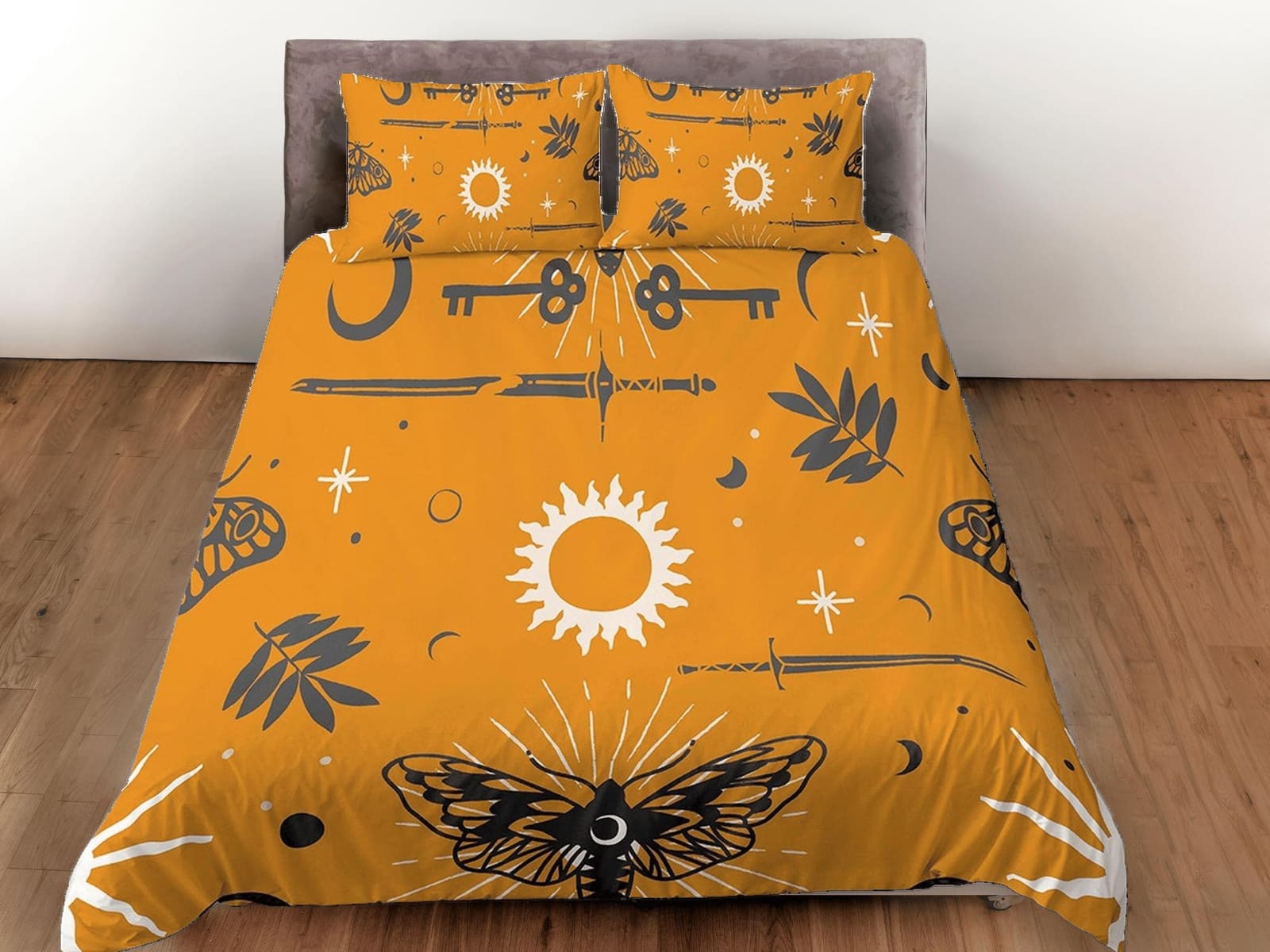Celestial bedding yellow, witchy decor dorm bedding, aesthetic duvet cover set, boho bedding set full king queen, astrolog…