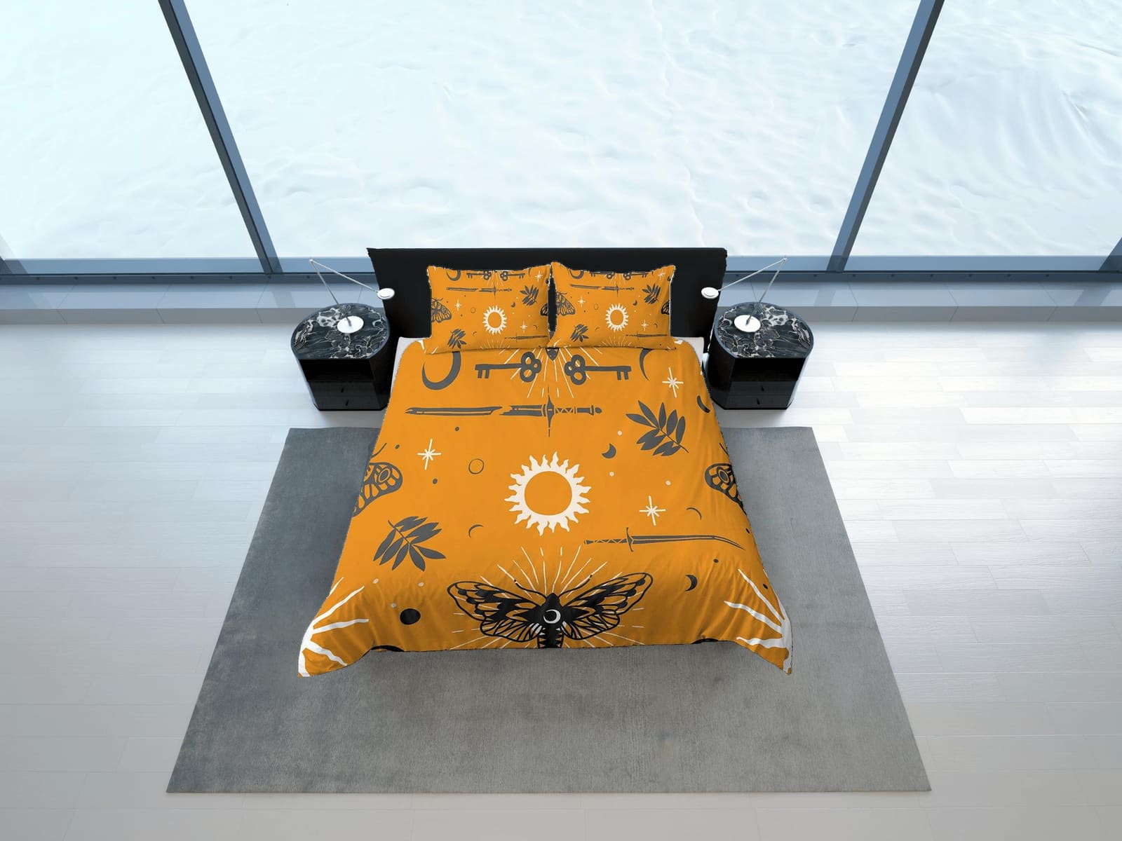 Celestial bedding yellow, witchy decor dorm bedding, aesthetic duvet cover set, boho bedding set full king queen, astrolog…