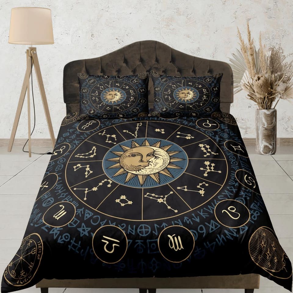 Celestial bedding zodiac horoscope, witchy decor dorm bedding, aesthetic duvet, boho bedding set full king queen, astrolog…