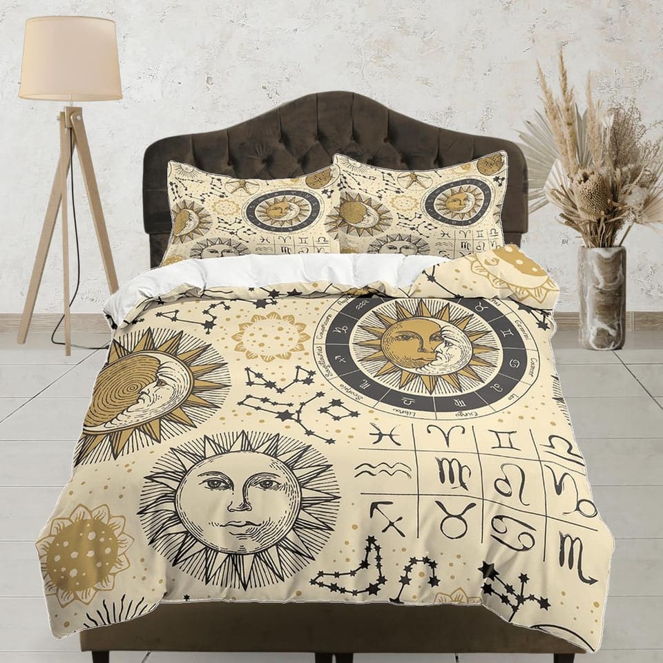 Celestial beige bedding, witchy decor dorm bedding, aesthetic duvet, boho bedding set full king queen, astrology gift, got…