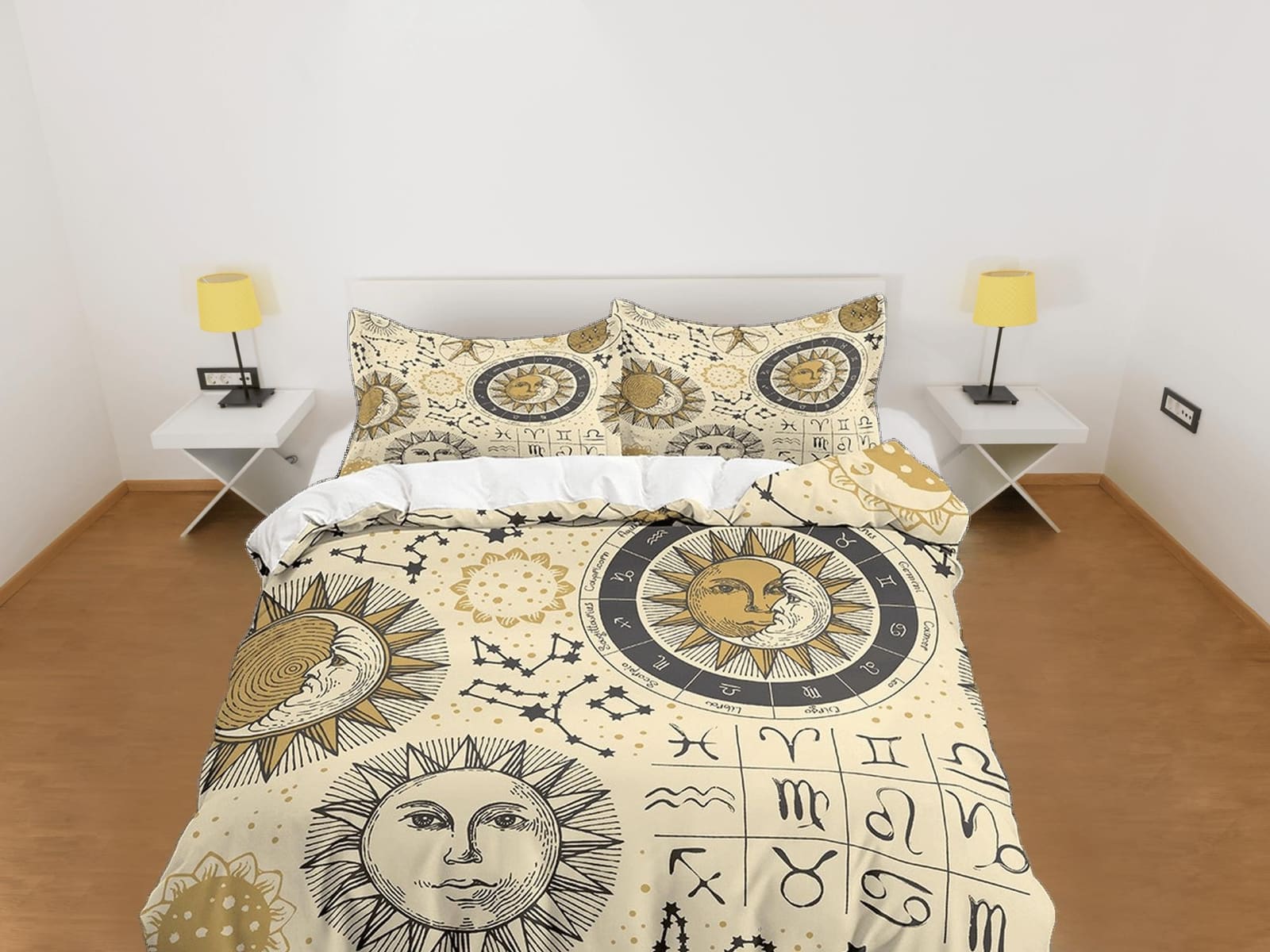 Celestial beige bedding, witchy decor dorm bedding, aesthetic duvet, boho bedding set full king queen, astrology gift, got…