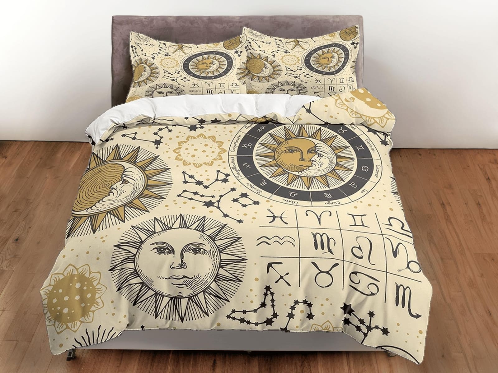 Celestial beige bedding, witchy decor dorm bedding, aesthetic duvet, boho bedding set full king queen, astrology gift, got…