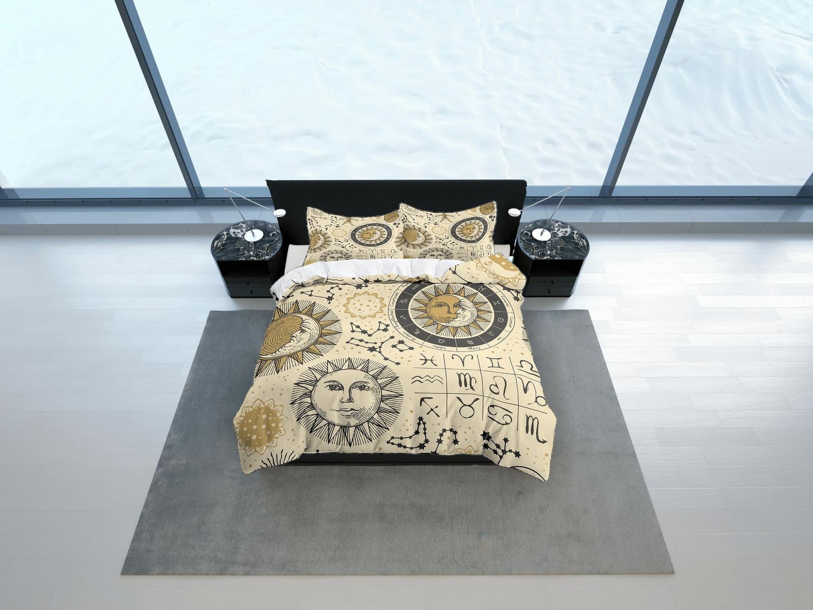 Celestial beige bedding, witchy decor dorm bedding, aesthetic duvet, boho bedding set full king queen, astrology gift, got…