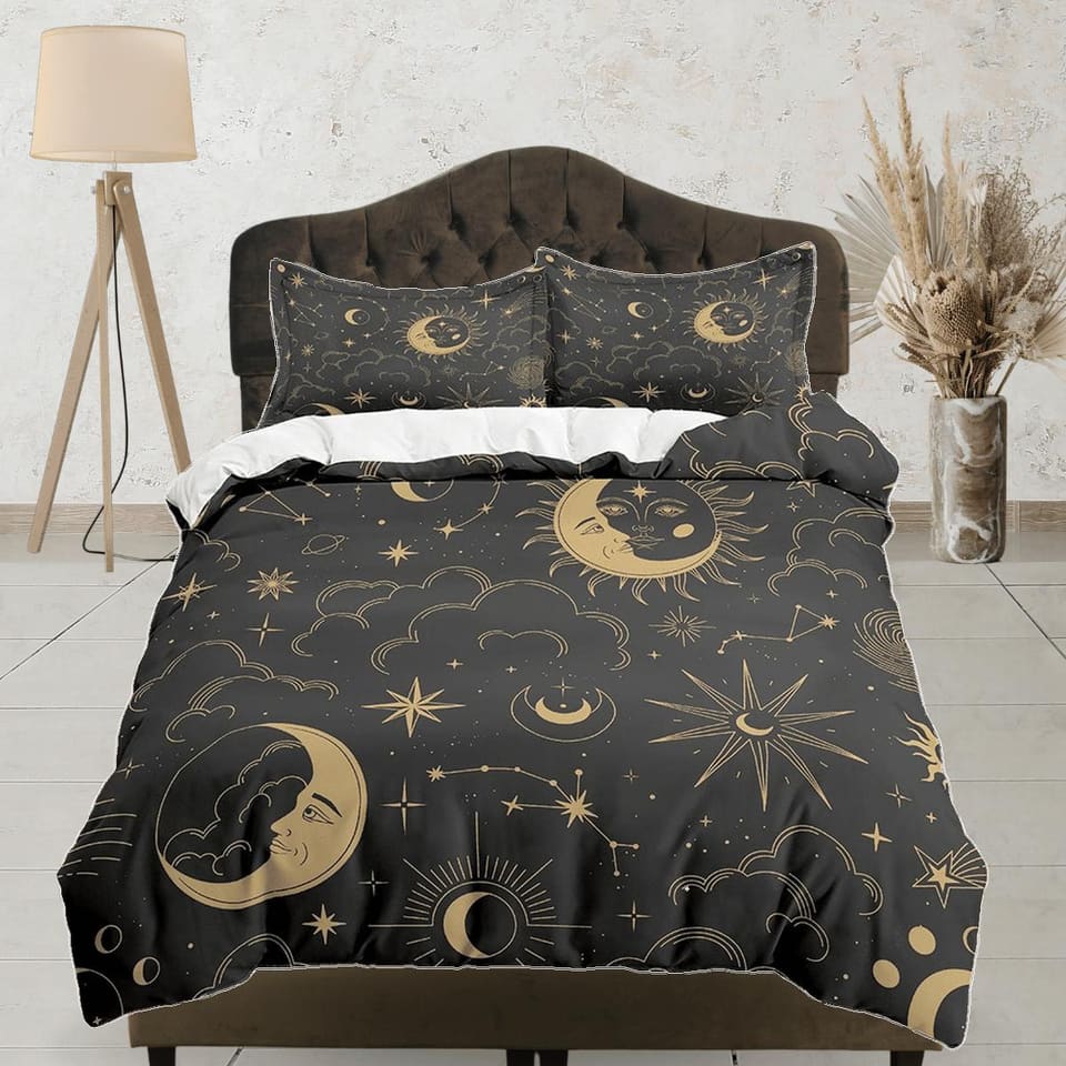 Celestial black crescent moon bedding bronze witchy decor dorm bedding, aesthetic duvet, boho bedding full king queen, ast…