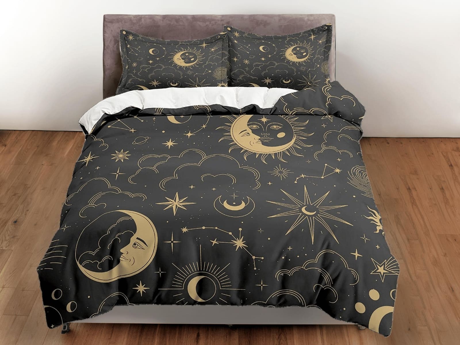Celestial black crescent moon bedding bronze witchy decor dorm bedding, aesthetic duvet, boho bedding full king queen, ast…