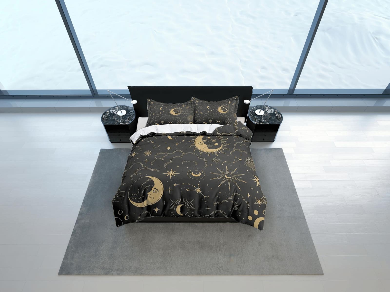 Celestial black crescent moon bedding bronze witchy decor dorm bedding, aesthetic duvet, boho bedding full king queen, ast…