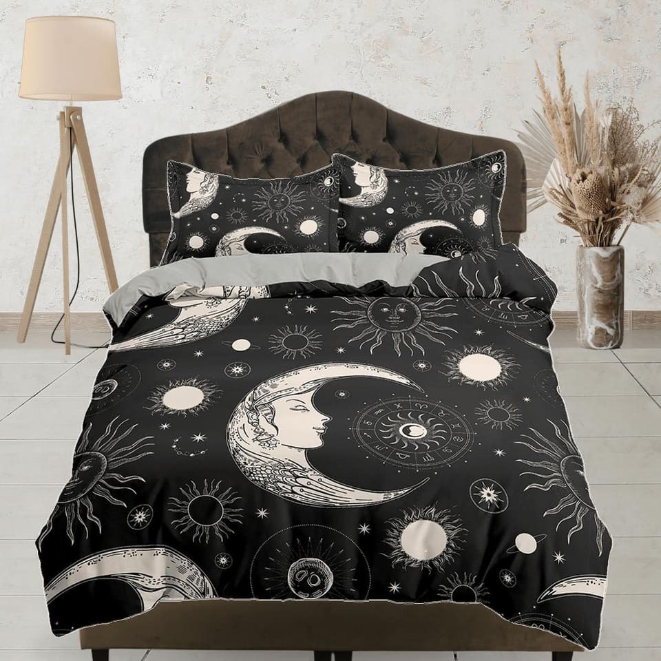 Celestial black crescent moon bedding, witchy decor dorm bedding, aesthetic duvet, boho bedding set full king queen, astro…