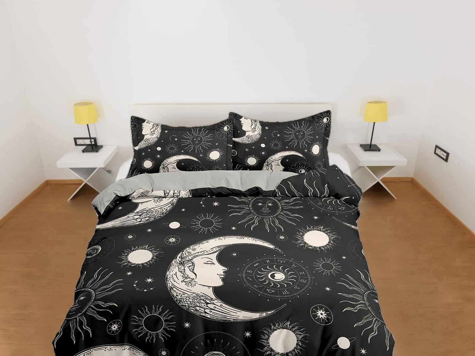 Celestial black crescent moon bedding, witchy decor dorm bedding, aesthetic duvet, boho bedding set full king queen, astro…