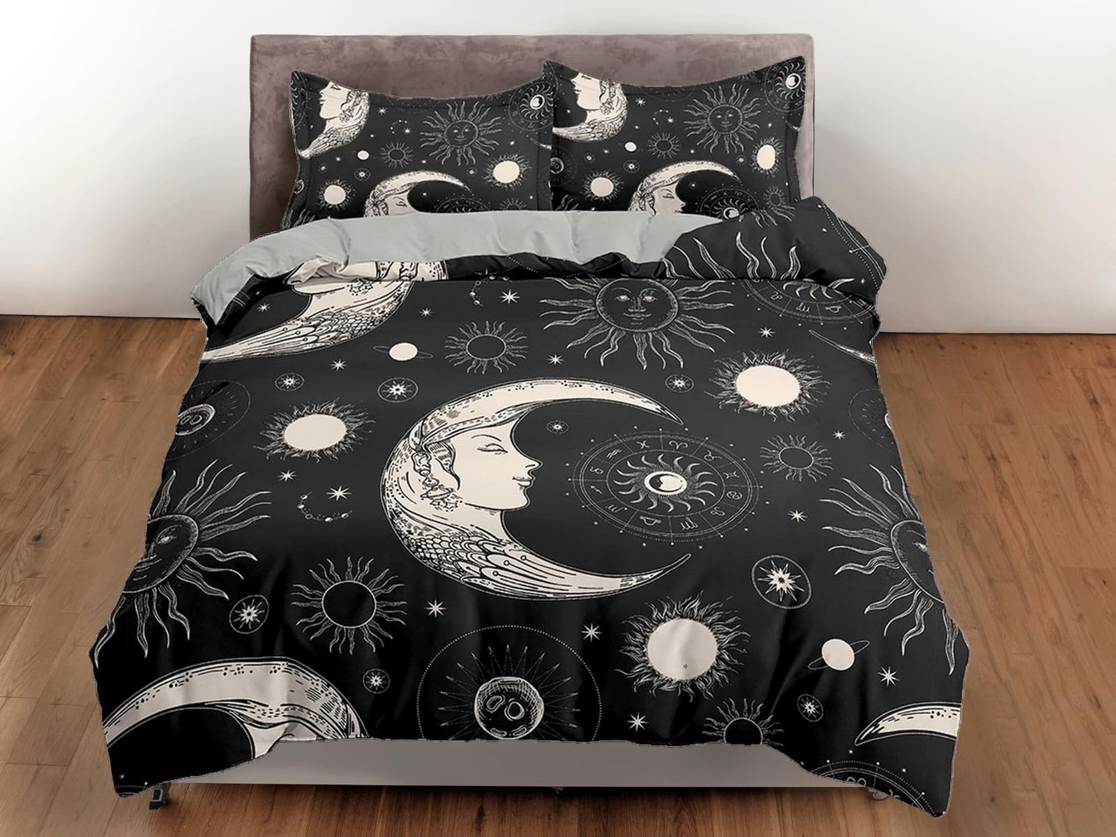 Celestial black crescent moon bedding, witchy decor dorm bedding, aesthetic duvet, boho bedding set full king queen, astro…