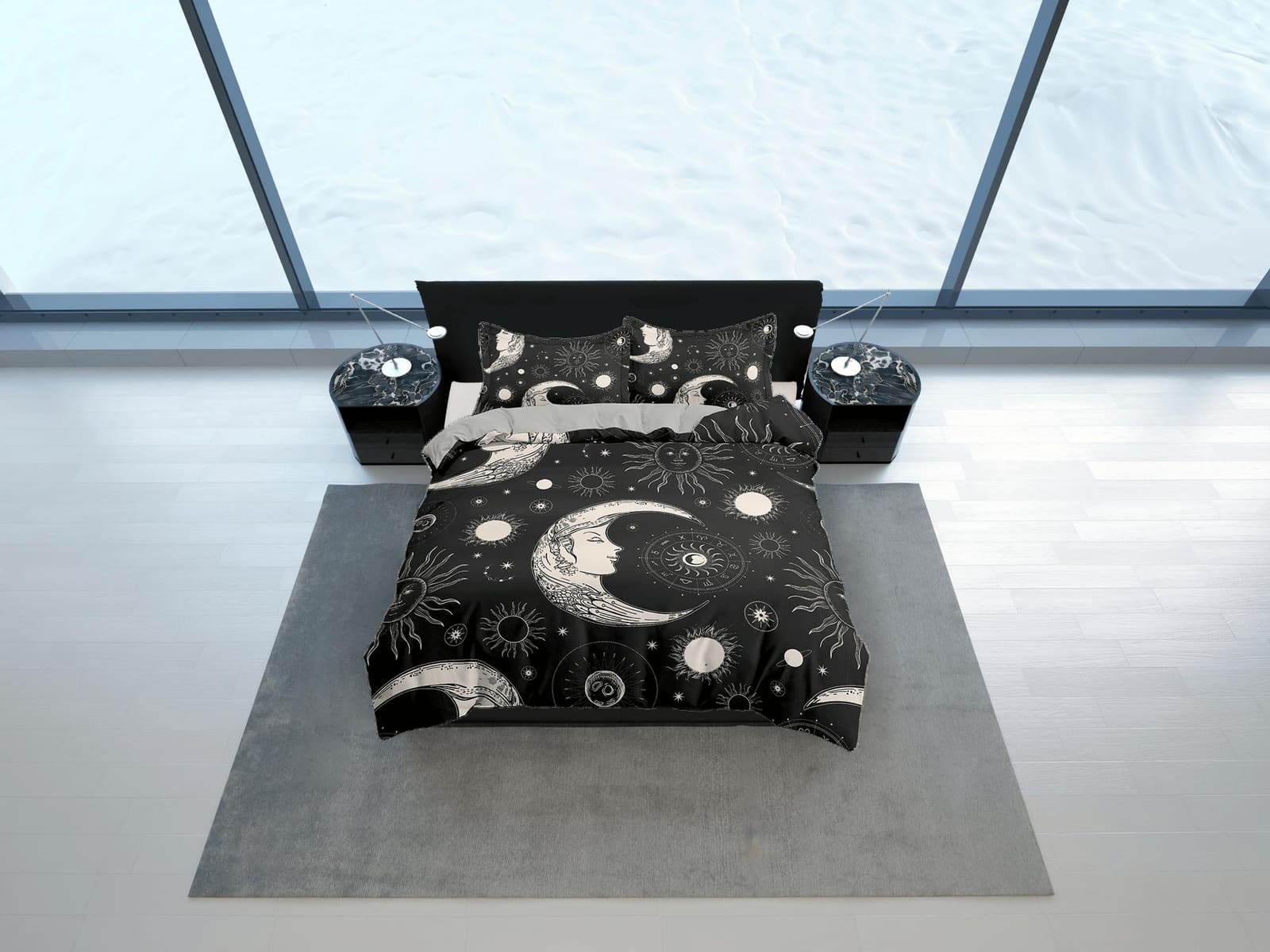 Celestial black crescent moon bedding, witchy decor dorm bedding, aesthetic duvet, boho bedding set full king queen, astro…