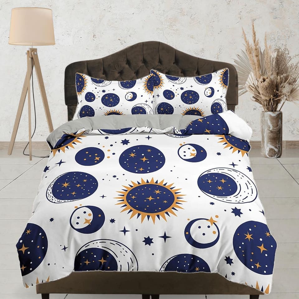 Celestial bodies bedding white, witchy decor dorm bedding, aesthetic duvet cover set, boho bedding set full king queen, as…