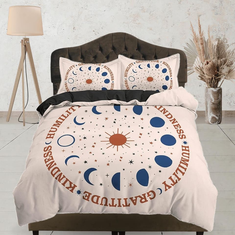 Celestial Boho Bedding with Moon Phases, Beige Duvet Cover Set, Witchy Dorm Bedding, Aesthetic Duvet Cover King Queen Full…