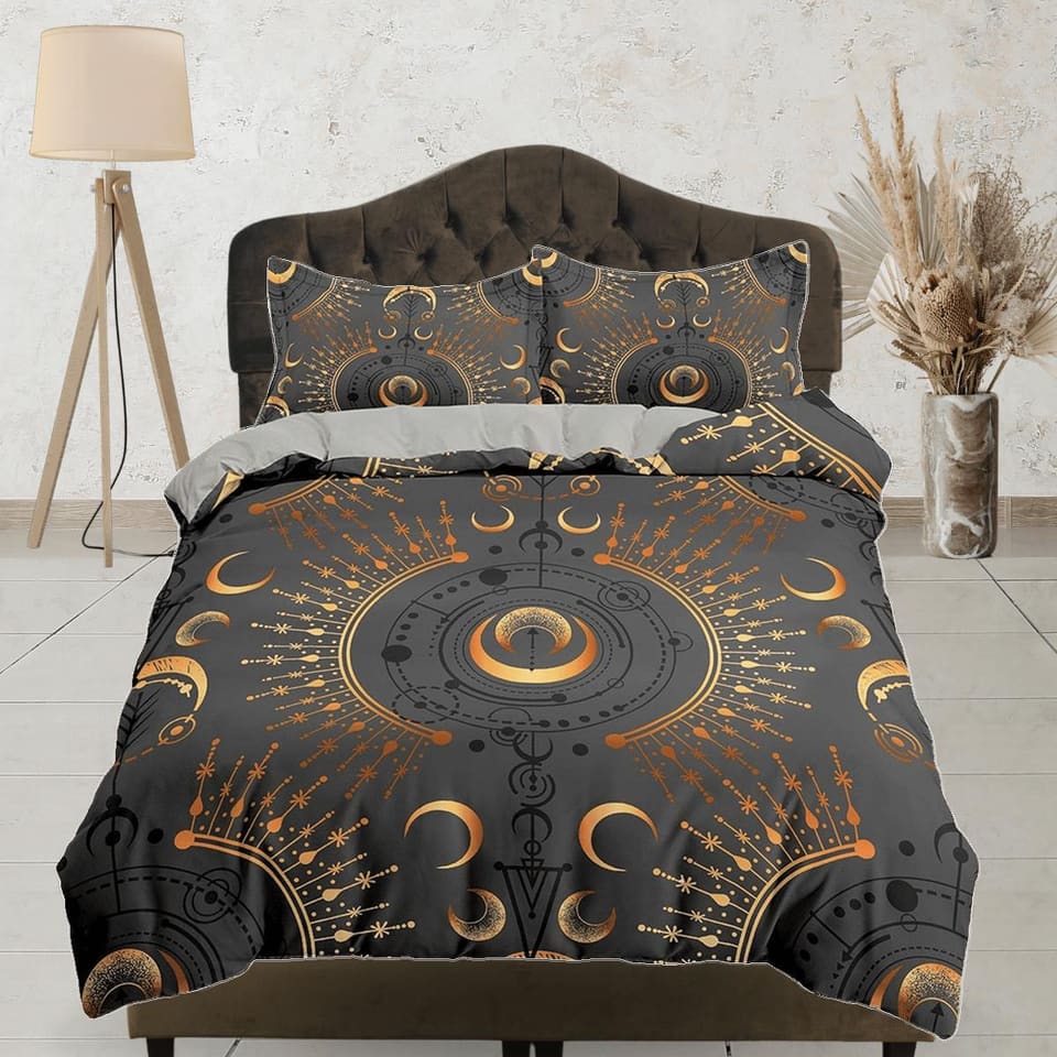 Celestial dark grey moon bedding, witchy decor dorm bedding, aesthetic duvet, boho bedding set full king queen, astrology…