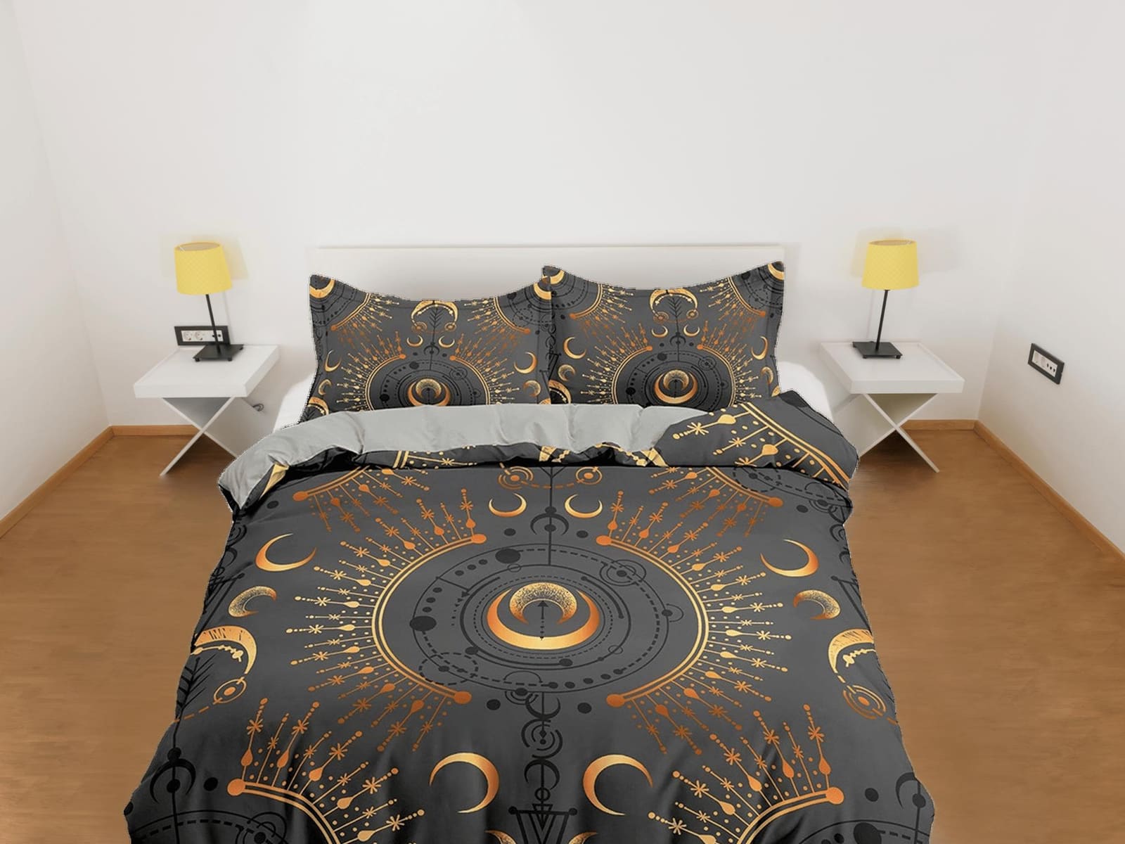 Celestial dark grey moon bedding, witchy decor dorm bedding, aesthetic duvet, boho bedding set full king queen, astrology…