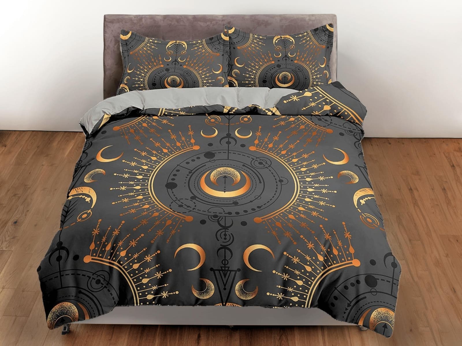 Celestial dark grey moon bedding, witchy decor dorm bedding, aesthetic duvet, boho bedding set full king queen, astrology…