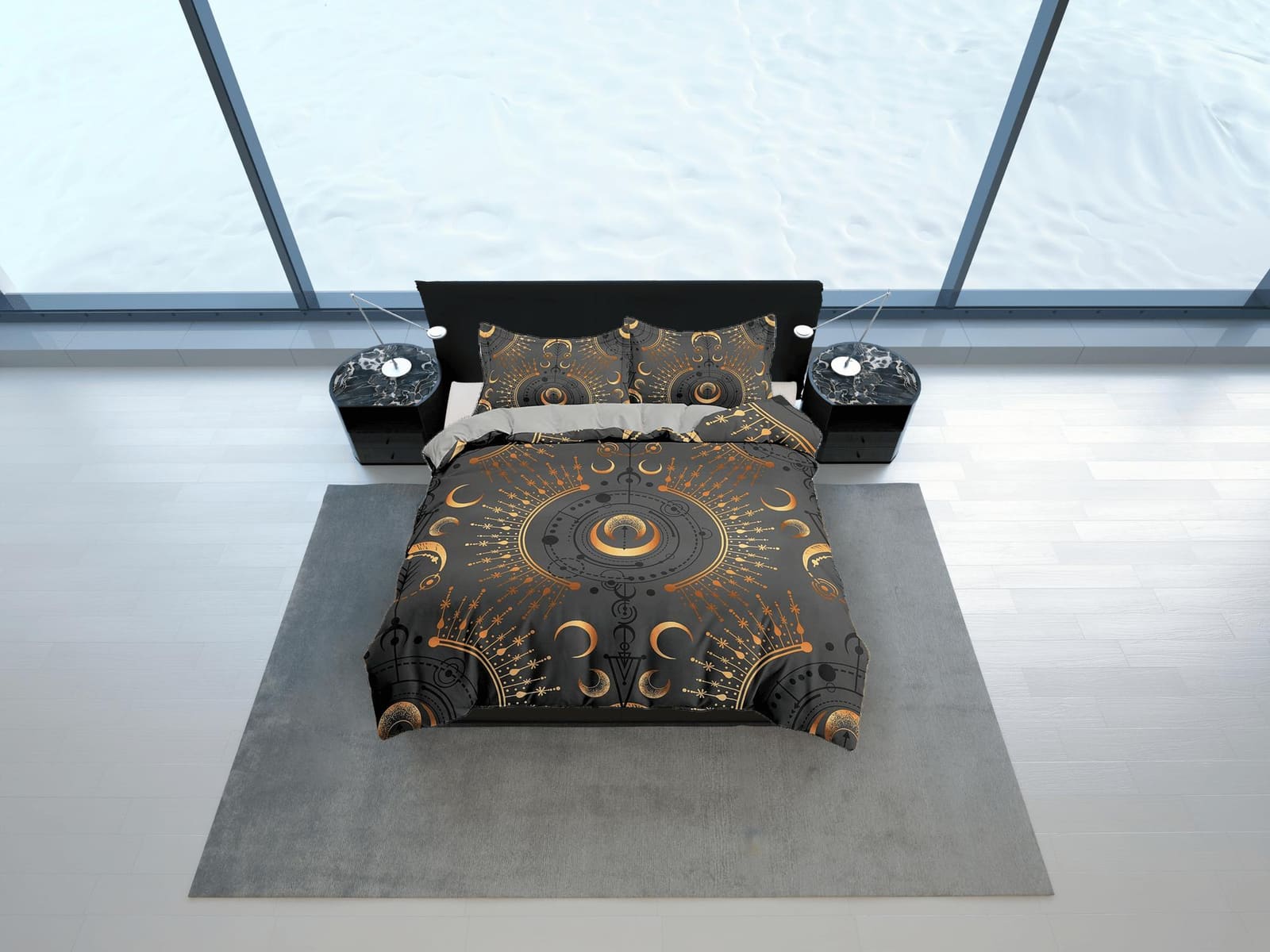 Celestial dark grey moon bedding, witchy decor dorm bedding, aesthetic duvet, boho bedding set full king queen, astrology…