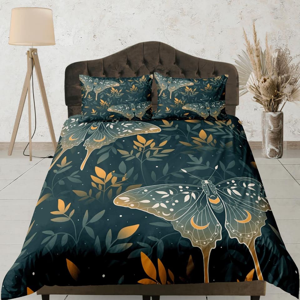 Celestial luna moth dark green bedding, witchy decor dorm bedding, aesthetic duvet, boho bedding set full king queen, astr…