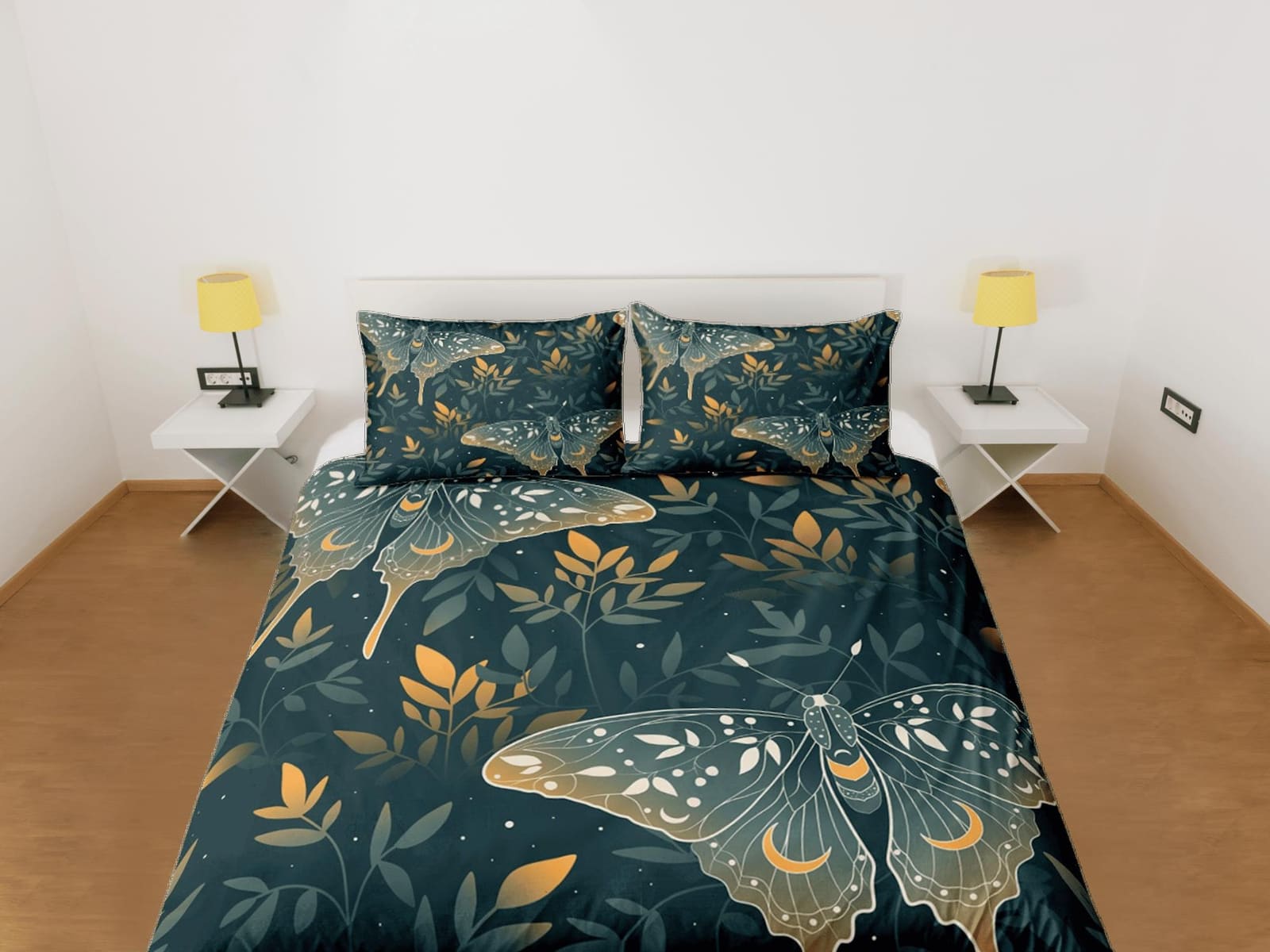 Celestial luna moth dark green bedding, witchy decor dorm bedding, aesthetic duvet, boho bedding set full king queen, astr…