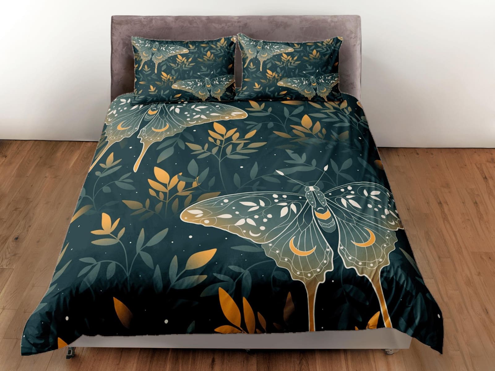 Celestial luna moth dark green bedding, witchy decor dorm bedding, aesthetic duvet, boho bedding set full king queen, astr…