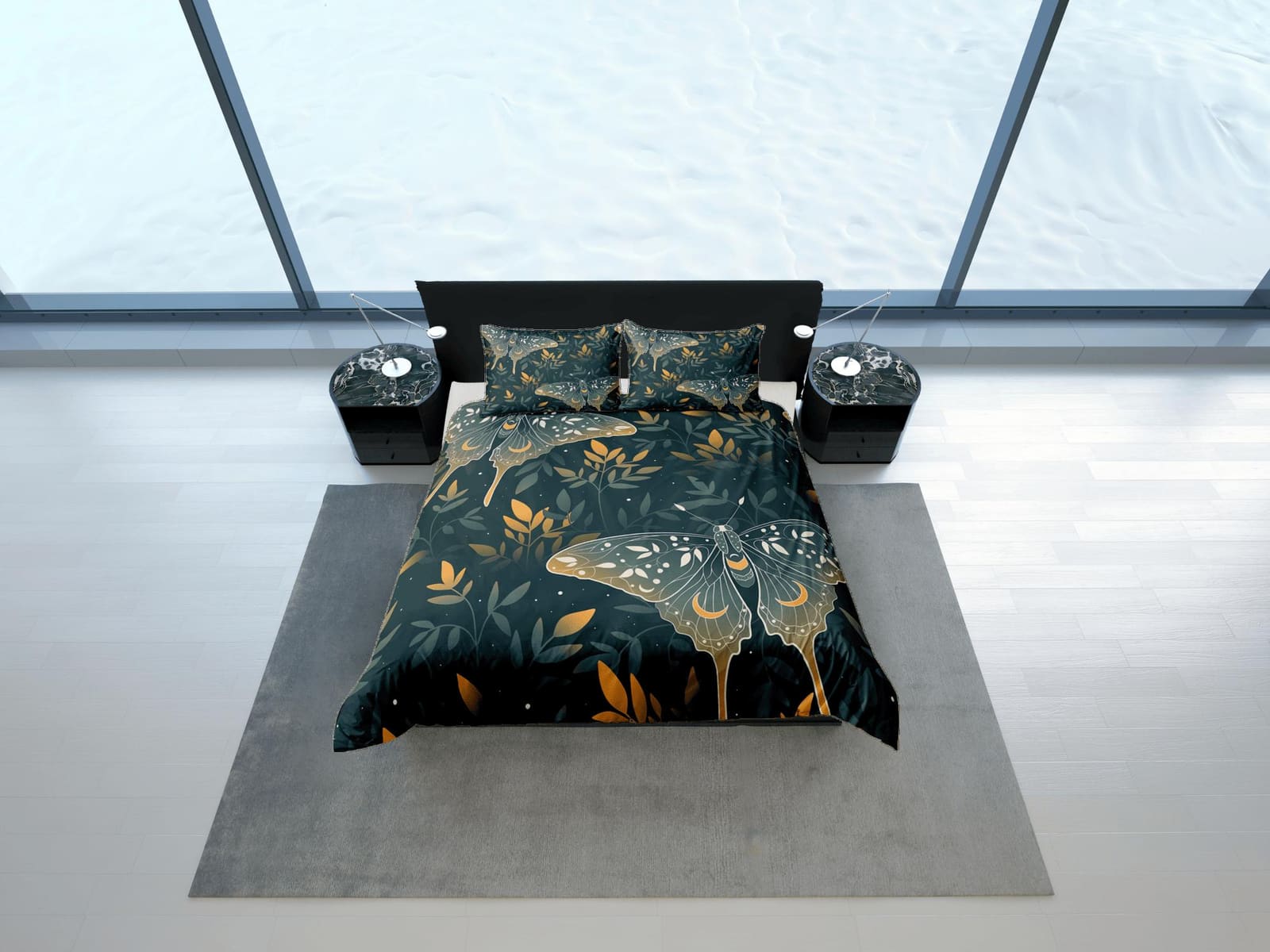 Celestial luna moth dark green bedding, witchy decor dorm bedding, aesthetic duvet, boho bedding set full king queen, astr…