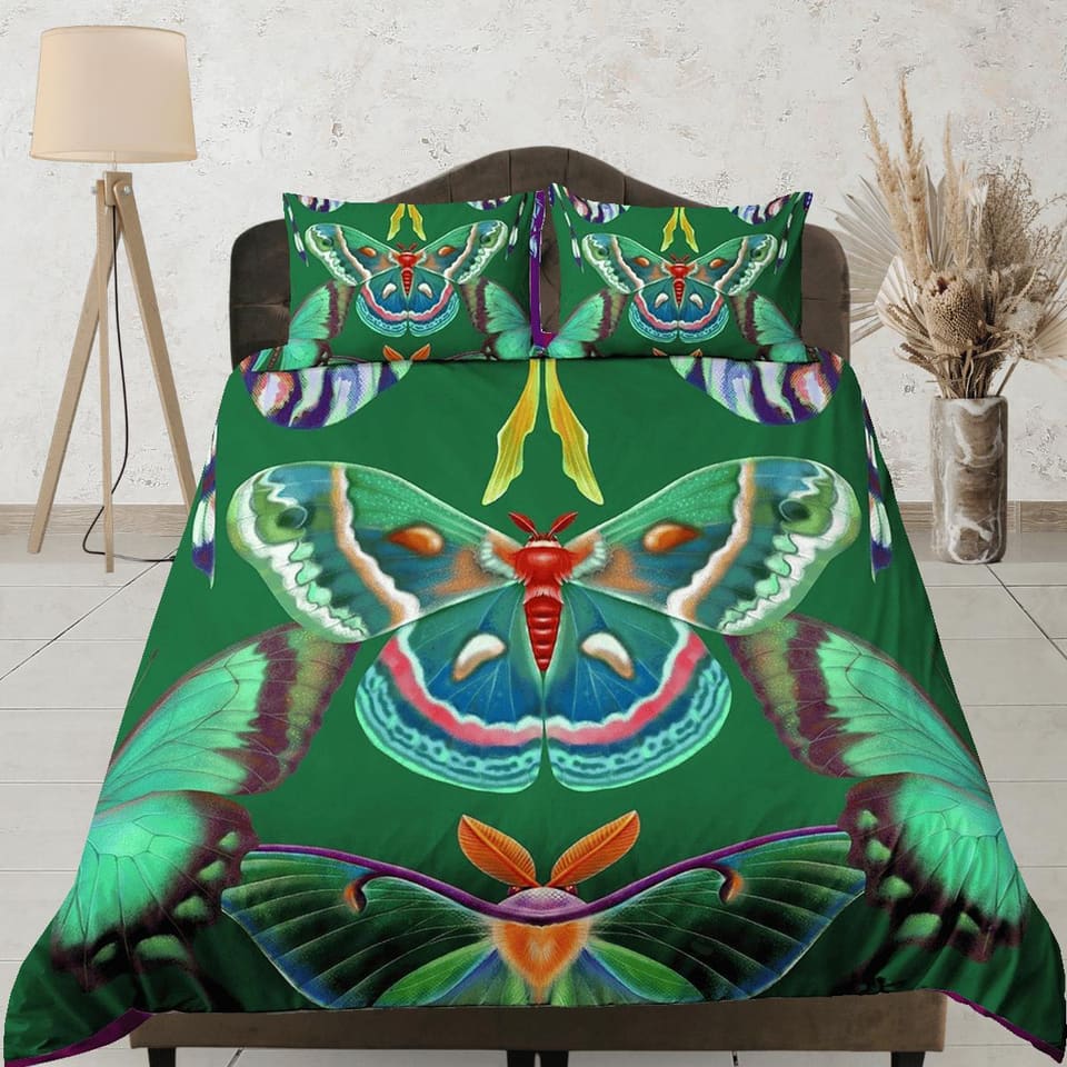 Celestial luna moth green bedding, witchy decor dorm bedding, aesthetic duvet, boho bedding set full king queen, astrology…