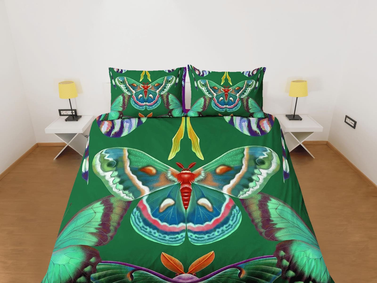 Celestial luna moth green bedding, witchy decor dorm bedding, aesthetic duvet, boho bedding set full king queen, astrology…