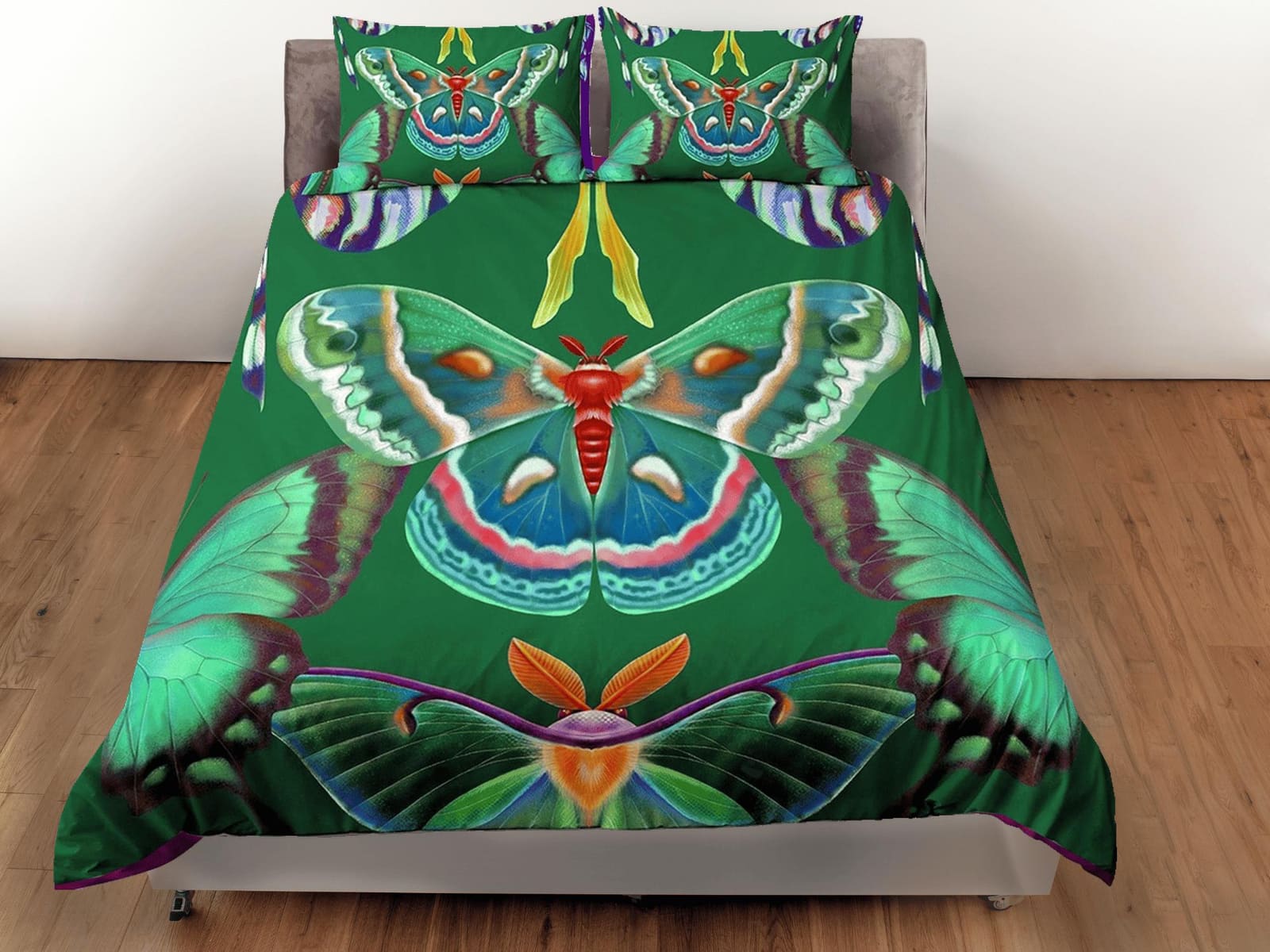 Celestial luna moth green bedding, witchy decor dorm bedding, aesthetic duvet, boho bedding set full king queen, astrology…